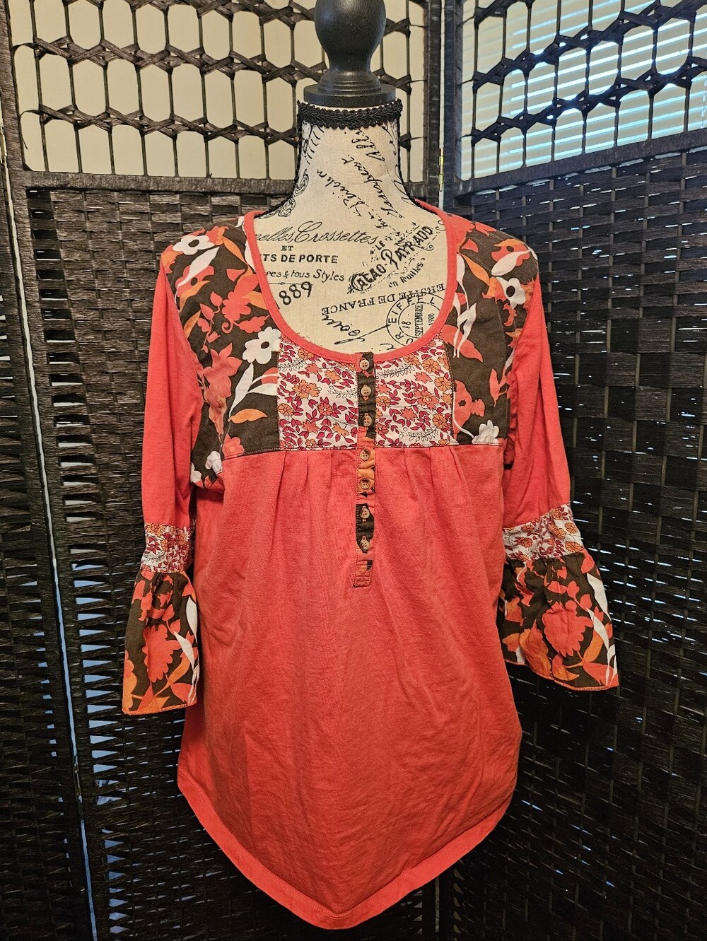 Jessica London Coral Red Floral Paneled Tunic Top